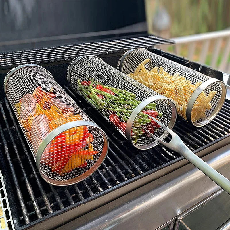 Stainless Steel Barbecue Cooking Grill Grate Outdoor Camping BBQ Drum Grilling Basket Campfire Grid Picnic Cookware Kitchen Tool - Roy Entreprise